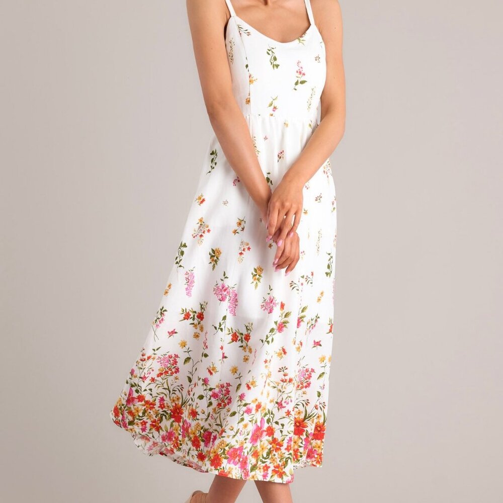 Red Dress Botanical Queen Ivory Floral Linen Midi Dress Size SS / White